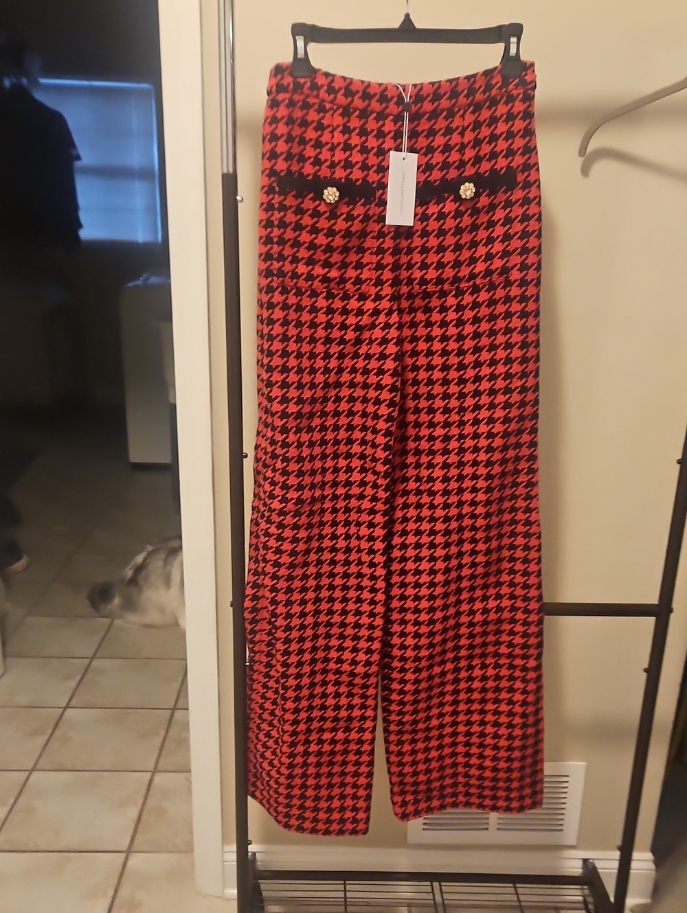 Lovers + Friends Pink and Black Houndstooth Wide-Leg Pants